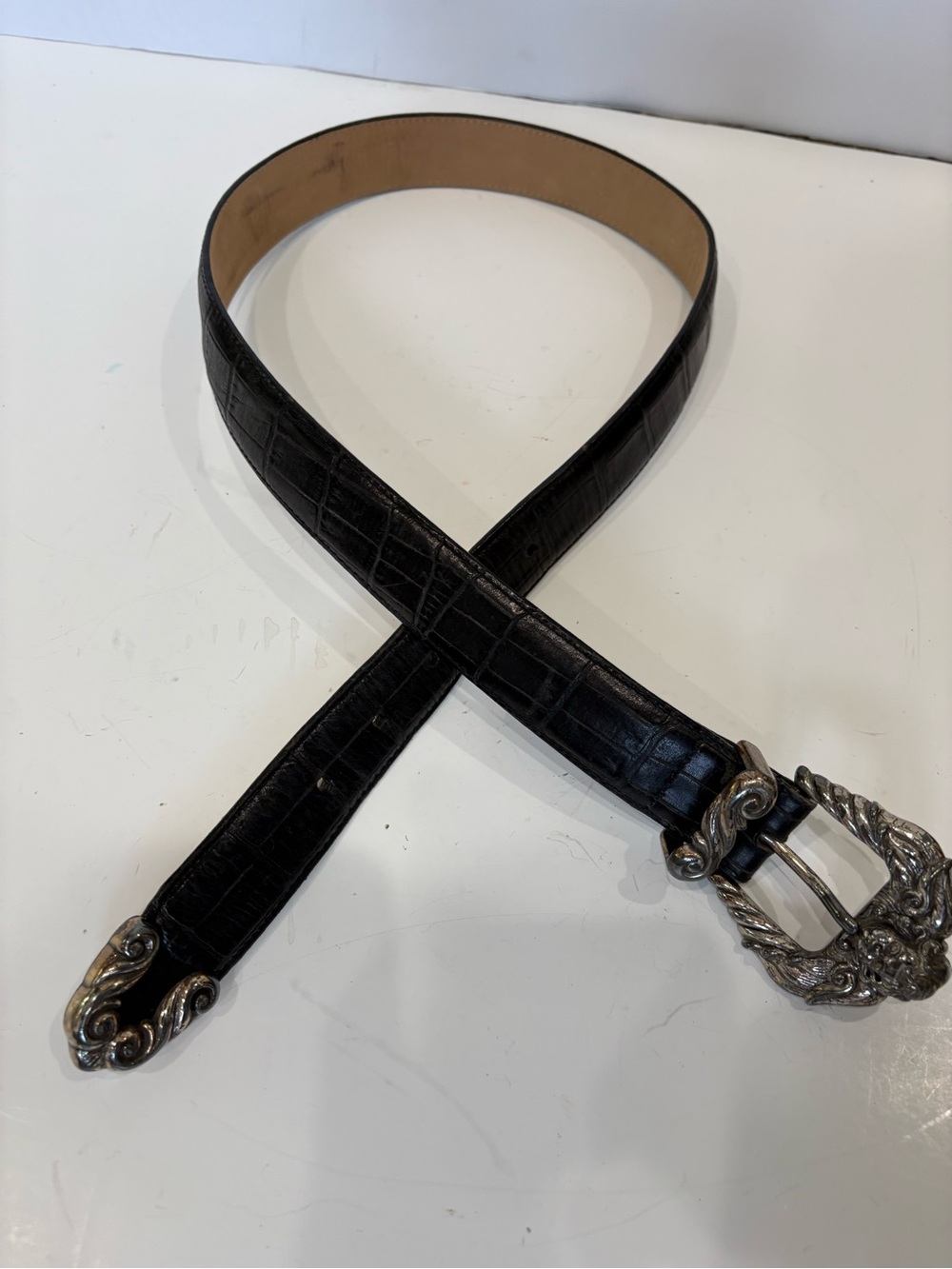 VINTAGE 1995 WOMENS BRIGHTON Black Croc-Leather Belt Silver ANGEL/CHERUB BUCKLE